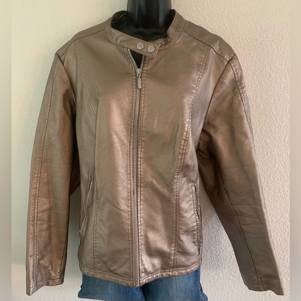 Baccini Moto Jacket Women's Size 2X Rose Gold Metallic Faux Leather Retro Y2K